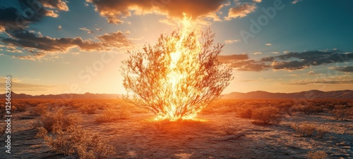 A burning bush in the middle of a desert, biblical symbolism crisp edges photo