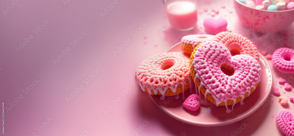 Crochet style a close-up of a pink donut with blurred hearts in the background, pink fog background, banner. Perfect for bakeries, cafes, Valentines Day promotions, and dessert blogs Crochet style a close-up of a pink donut with blurred hearts in the background, pink fog background, banner. Perfect for bakeries, cafes, Valentines Day promotions, and dessert blogs