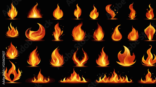 Fiery Ensemble: A mesmerizing assortment of flames dances across the canvas, their radiant glow creating a captivating and dynamic composition that ignites the senses.