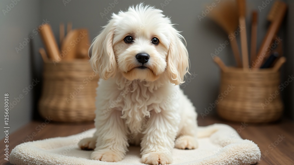 A Komondor puppy sits on a towel, its damp, mop-like fur glowing in soft light. Its dark eyes peek through the curls, creating an endearing, textured, and heartwarming scene. A Komondor puppy sits on a towel, its damp, mop-like fur glowing in soft light. Its dark eyes peek through the curls, creating an endearing, textured, and heartwarming scene.