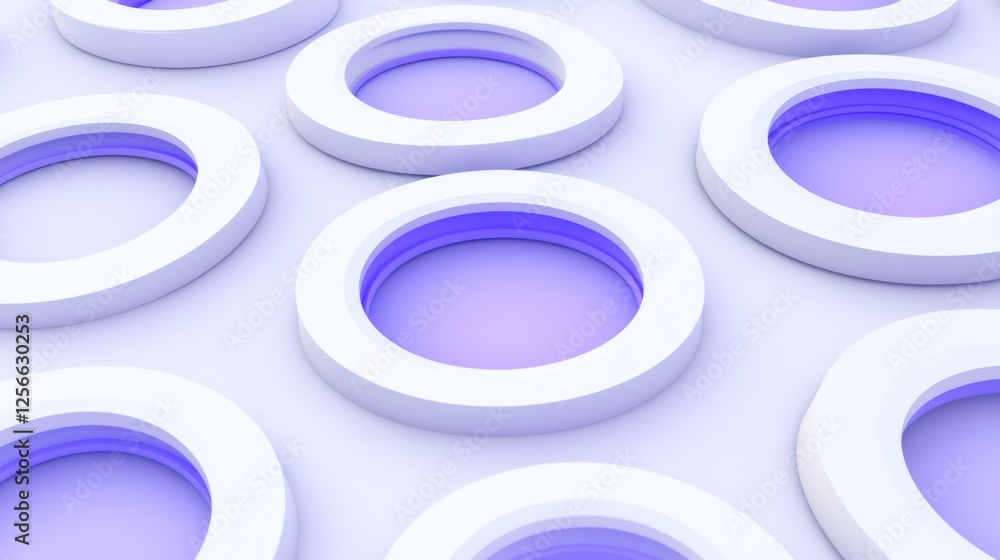 Abstract 3D rendering of white circles with purple inner glow on white background. Abstract 3D rendering of white circles with purple inner glow on white background.