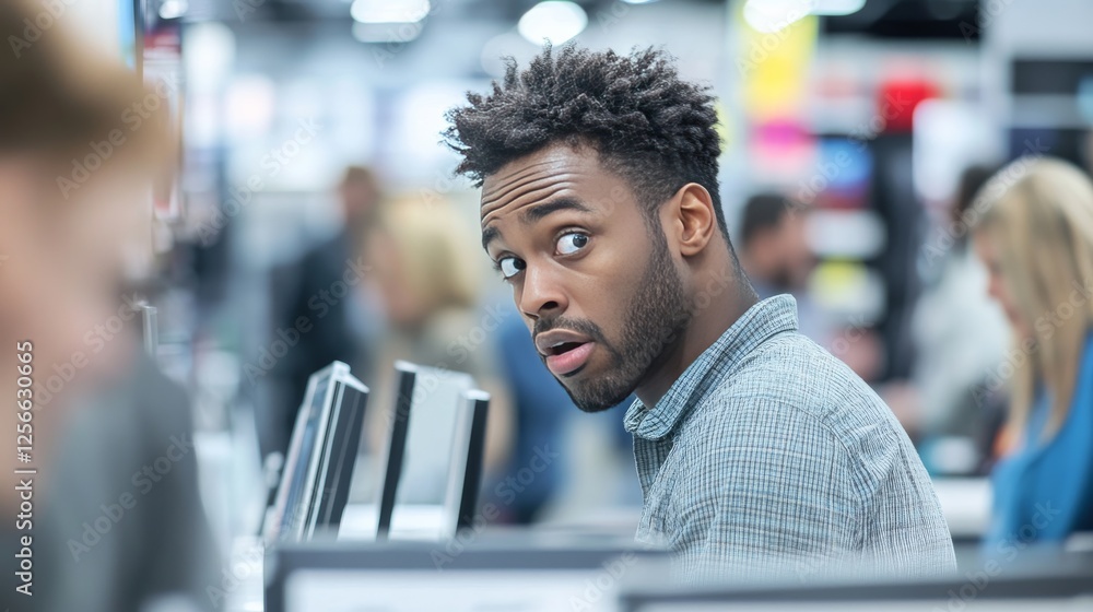 Fototapeta premium Frustrated tech buyer in a crowded electronics store. Featuring high prices and long lines