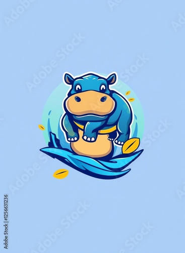 an image of a hippo is sitting on a surfboard, there is a hippo in the water with a scarf on photo