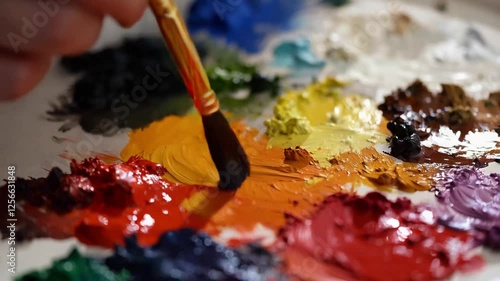 A close-up of a hand gently dipping a fine paintbrush into a palette of rich oil paints, the camera zooming in on the texture of the pigment as it coats the bristles.