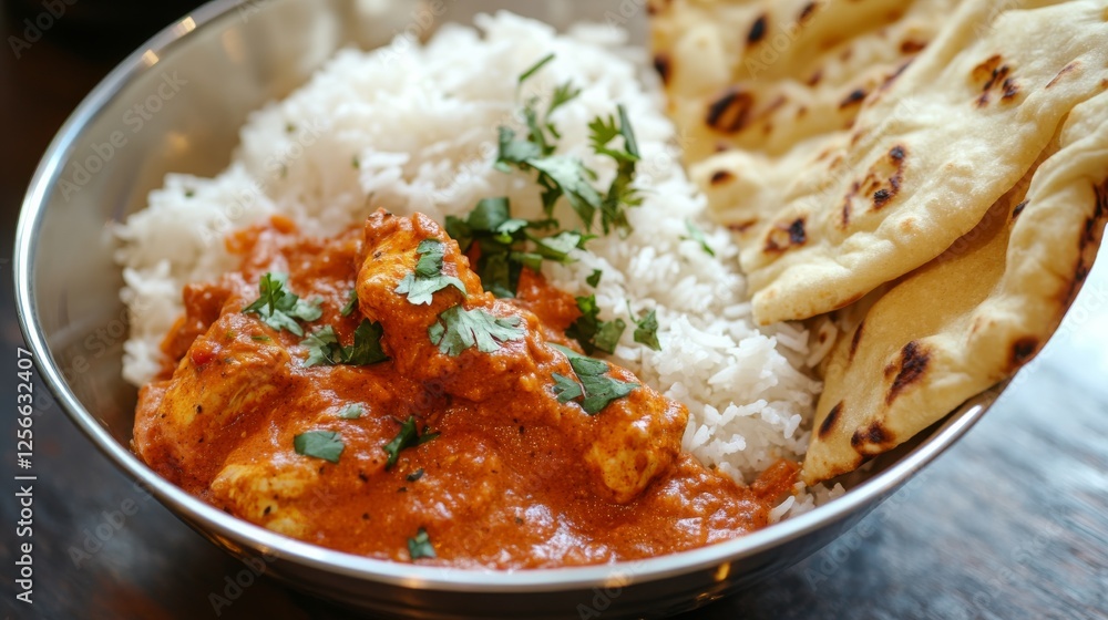 Image of rice and spicy chicken tikka masala with naan bread in a stainless steel bowl, emphasizing rich and spicy characteristics. Ideal for Indian cuisine and hearty meals. Image of rice and spicy chicken tikka masala with naan bread in a stainless steel bowl, emphasizing rich and spicy characteristics. Ideal for Indian cuisine and hearty meals.