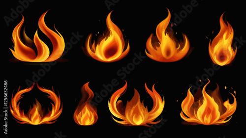Fiery Dance: A collection of diverse, dynamic flames. Each one ignites a different emotion, from warmth to untamed energy, with varying styles and fiery displays.