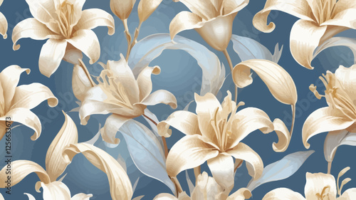 Floral Symphony: Delicate lilies bloom in a seamless, photorealistic pattern, their soft petals contrasting gracefully against the calming backdrop. Evoking serenity and natural elegance.