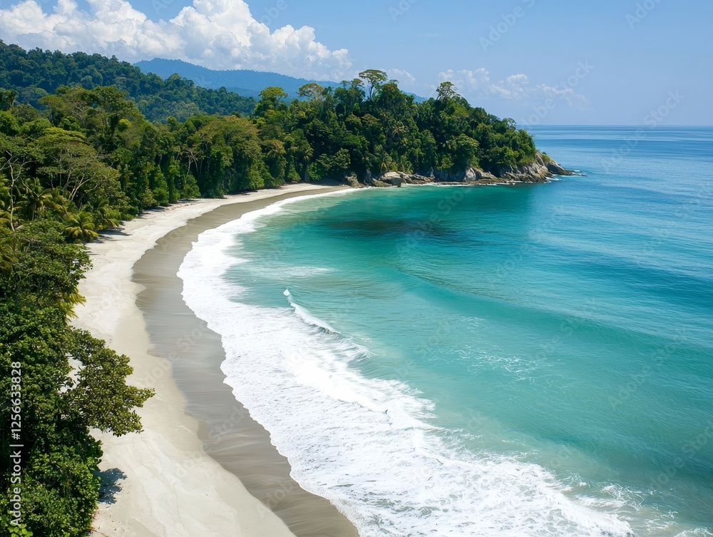 Remote beach cove captured from above, white sand blending into azure waves, tropical forest spilling onto the shore, untouched beauty Remote beach cove captured from above, white sand blending into azure waves, tropical forest spilling onto the shore, untouched beauty