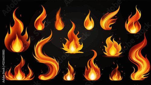 Fiery Embrace: A vibrant collection of stylized flames dances against a deep, dark background, evoking intense heat and energy.