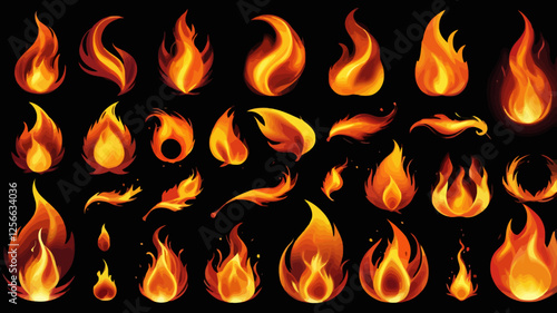 Fiery Elements: A collection of stylized flames dancing against a stark backdrop, capturing the essence of heat, energy, and dynamic movement.