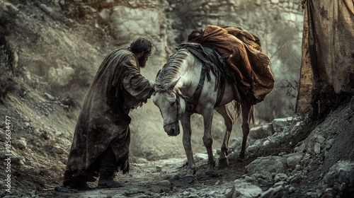 A depiction of the Good Samaritan helping a stranger