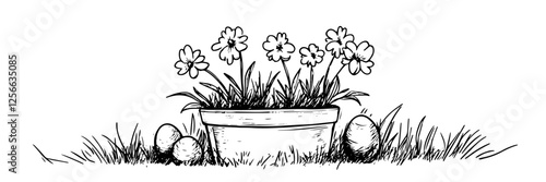 potted flowers with easter eggs vector doodle black sketch illustration