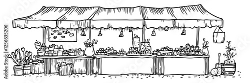 market stall with food and produce black ink  doodle sketch engraving vector
