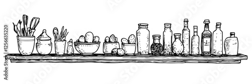 kitchen shelf with food items and utensils black ink  doodle sketch engraving vector