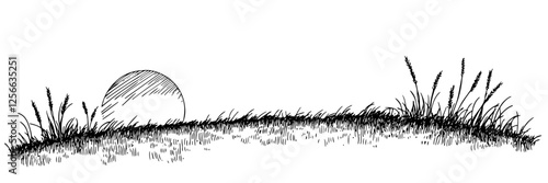 sunrise symbol of hope, sunrise over grassy hill monochrome doodle Easter sketch