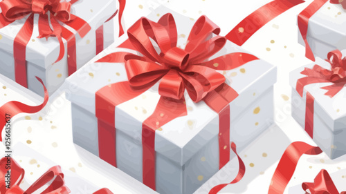 Gift Box Collection: A festive composition showcasing a collection of beautifully wrapped gift boxes adorned with red ribbons and bows, perfect for any celebration or special occasion.