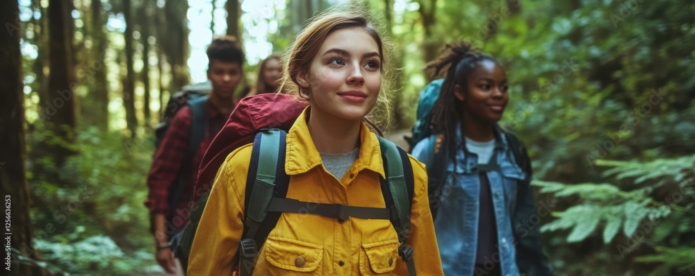 Young diverse group hiking through lush forest with backpacks Young diverse group hiking through lush forest with backpacks