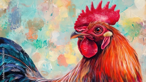 Colorful Rooster Portrait, Artistic Style, Abstract Background, Farm Animal photo