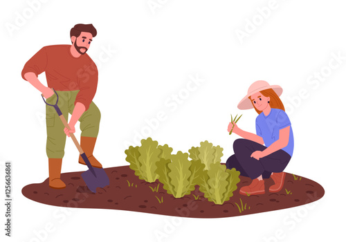 Agriculture harvesting. Farm workers doing gardening and husbandry, people harvesting crop and care about plants flat vector illustration. Farm work scene