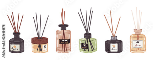 Aroma diffusers. Home perfume liquids and essential oils, interior fragrance aromatic diffusers with bamboo sticks, flat vector illustration. Aromatherapy diffuser glass jars on white