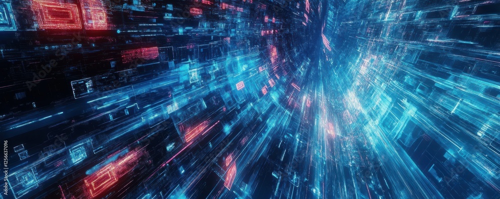 Dynamic digital tunnel with neon blue and red data streams Dynamic digital tunnel with neon blue and red data streams