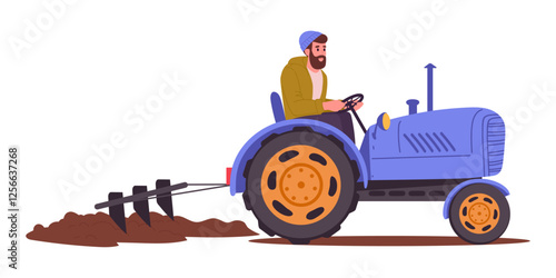 Farmer drives tractor. Agricultural tractor plows land, preparing for planting agricultural season flat vector illustration. Man plowing land with tractor