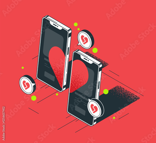 Isometric phone with dating site app. Social media network and communication design, smartphone screen with romantic coincidence 3d vector illustration. Social network communication concept