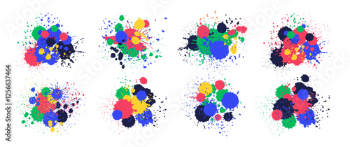 Paint splatter drops. Colorful ink spray, bright paint blots, abstract paint splashes flat vector illustration set. Paint splash isolated on white background