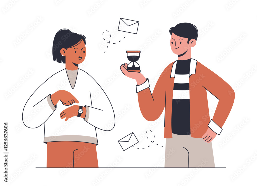 Time management concept. Business people do work on time, successful teamwork workflow flat vector illustrations. Business team workflow scene Time management concept. Business people do work on time, successful teamwork workflow flat vector illustrations. Business team workflow scene