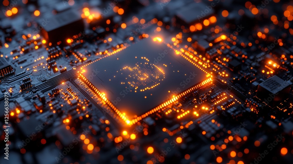 Obraz premium Circuit board with glowing components and microchips. Computer chip, electronic tech background.