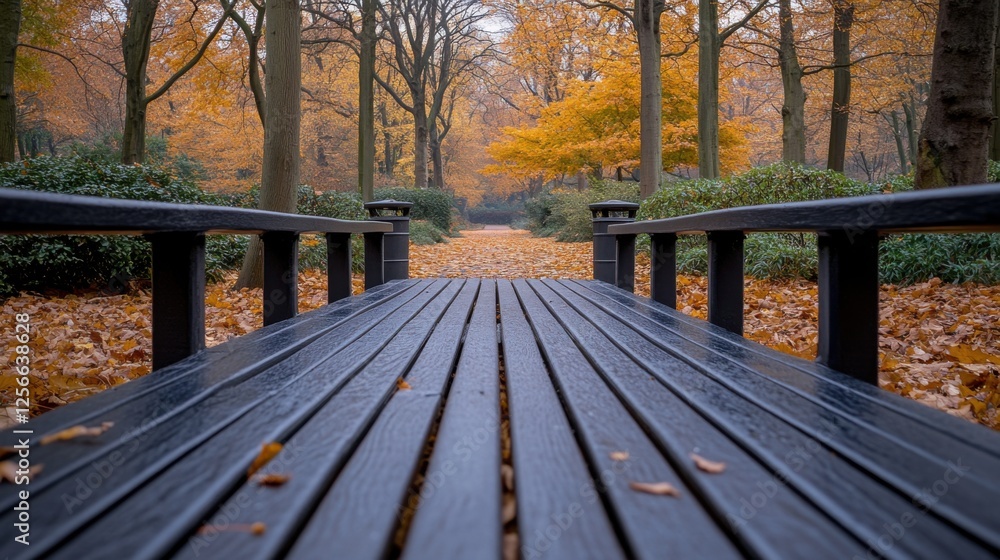 Serene Autumn Pathway Framed by Rustic Wooden Table and Colorful Leaves in a Peaceful Park Setting Serene Autumn Pathway Framed by Rustic Wooden Table and Colorful Leaves in a Peaceful Park Setting