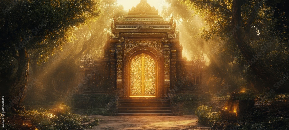 Fototapeta premium A glowing light emanating from an ancient temple entrance crisp edges