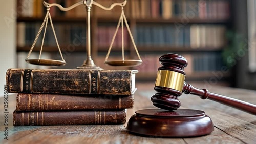 Law books and gavel on wooden desk with scales of justice in background at a law office