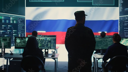 Foto Military hacker from Russian army working in governmental control room cracking rival states network systems to spread fake news and hybrid war propaganda