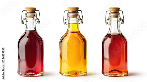 Three glass bottles with swingtop closures filled with different colored liquids photo