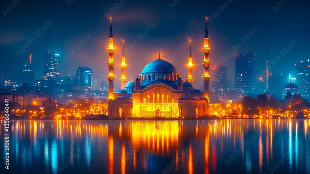 Fototapeta premium Stunning view of the mosque and cityscape at night, illuminated blue, and yellow light with reflections on the water and .Travel concept.