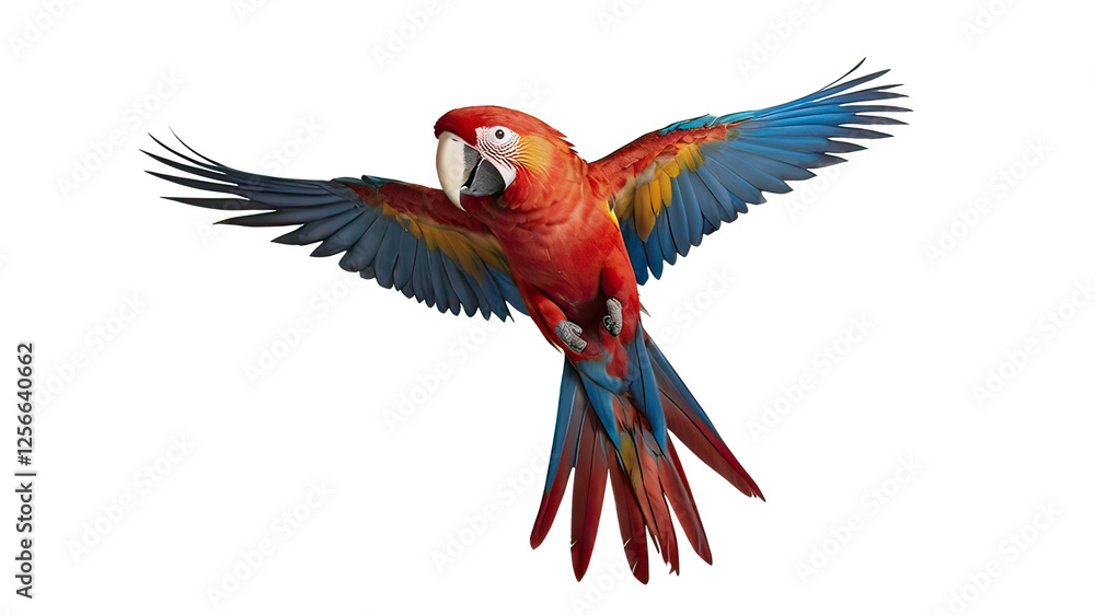 Fototapeta premium Parrot flying isolated on white background. Generative Ai.