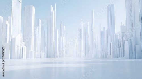 Futuristic city skyline with white buildings under a bright sky