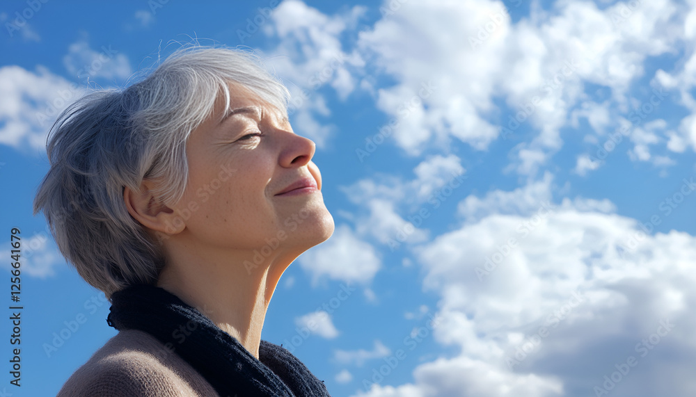 Elderly woman enjoying sunlight with serene expression under clear blue sky Elderly woman enjoying sunlight with serene expression under clear blue sky