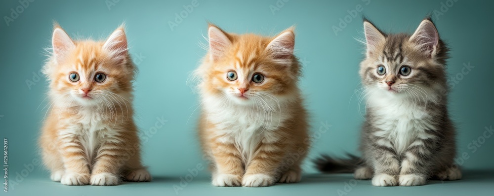 Three adorable kittens sitting against a soft blue background Three adorable kittens sitting against a soft blue background