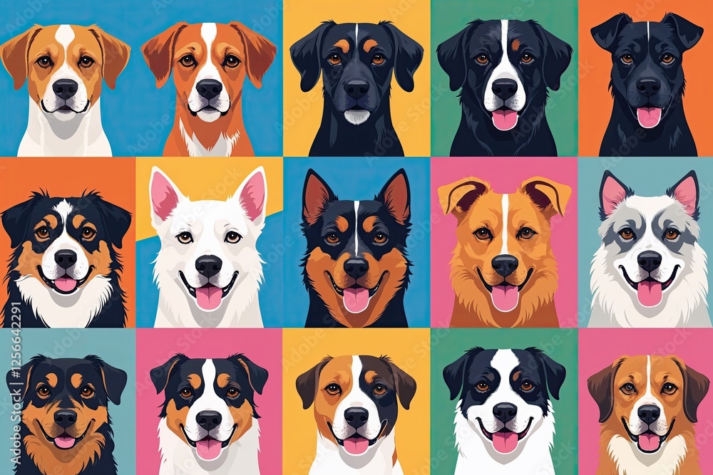 Vibrant 90s Dog Character Head Illustrations in Modern Flat Design Showcasing Diverse Breeds Vibrant 90s Dog Character Head Illustrations in Modern Flat Design Showcasing Diverse Breeds