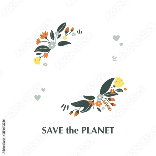 Green planet Earth in flat design on white background. Save the planet, save the earth, save the world. Vector illustration.	
