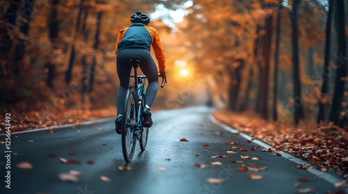A man is riding a bicycle down a road with leaves on the ground