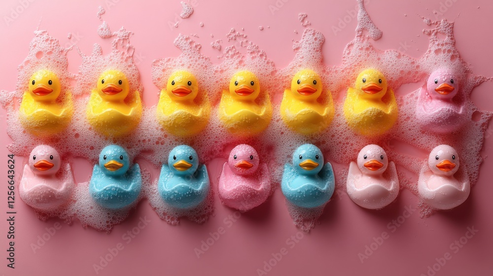 Fototapeta premium Colorful Rubber Duckies in Bubble Foam on a Pink Background – A Playful Visualization of Joy and Fun for Children’s Themes and Celebrations