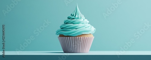 Delicious vanilla cupcake with teal frosting on blue background photo