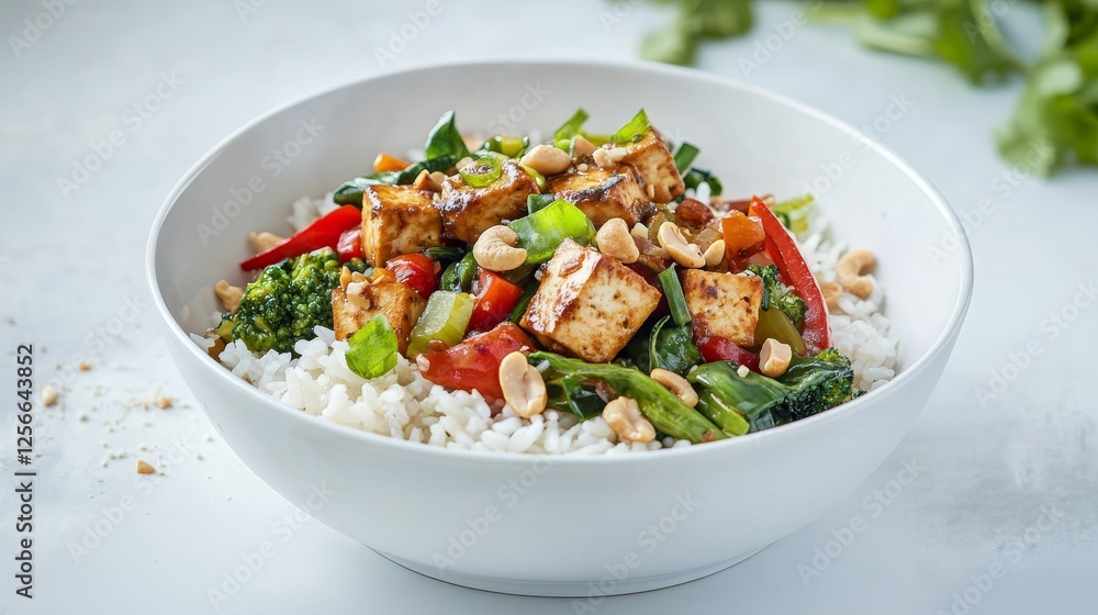 Image of rice and vegetable stir-fry with tofu and cashews in a white bowl, emphasizing crunchy and savory aspects. Ideal for vegetarian meals and Asian cuisine. Image of rice and vegetable stir-fry with tofu and cashews in a white bowl, emphasizing crunchy and savory aspects. Ideal for vegetarian meals and Asian cuisine.