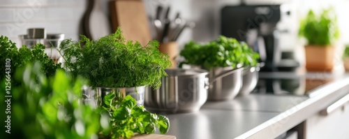 Wallpaper Mural Fresh herbs in modern kitchen with stainless steel cookware and greenery Torontodigital.ca