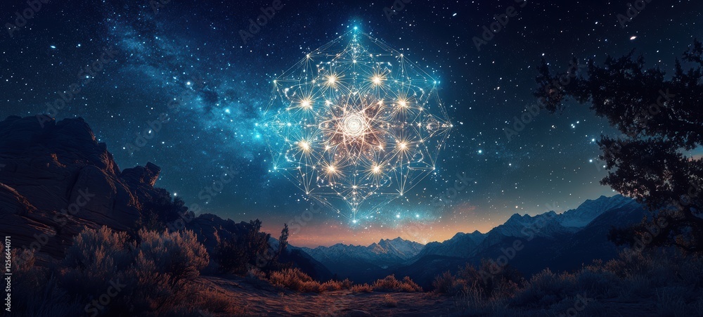 Naklejka premium A night sky filled with stars forming a sacred geometric pattern crisp edges