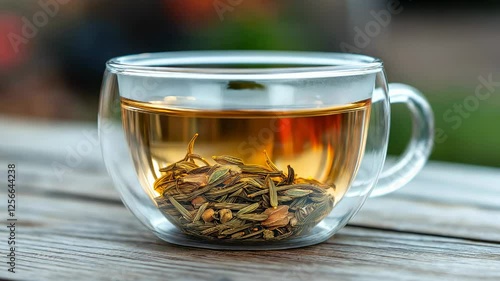 Pouring herbal tea in glass cup with floating fennel seeds on wooden table outdoors