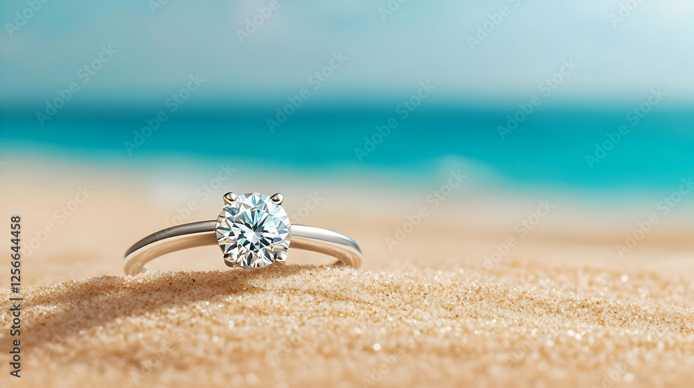 Obraz premium A beautiful engagement ring resting on golden sand by a serene beach, perfect for romantic themes and celebrations.
